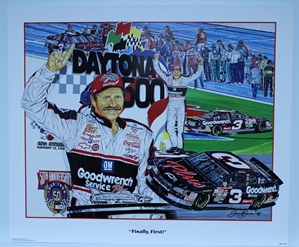Autographed Dale Earnhardt "Finally, First" Original Sam Bass 27" X 32" Print w/ COA Sam Bass, Dale Earnhardt, 1998 Winston Cup Champion, Monster Energy Cup Series, Winston Cup, Poster