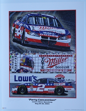 Autographed Rusty Wallace "Party Convention" Original Sam Bass 27" X 21" Print w/ COA Sam Bass, Rusty Wallace, Miller Lite, Monster Energy Cup Series, Winston Cup, Poster