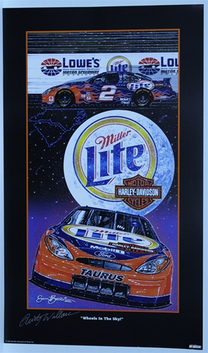 Autographed Rusty Wallace "Wheels in the Sky" Original Sam Bass 29" X 17" Print w/ COA Sam Bass, Rusty Wallace, Miller Lite, Harley Davidson, Monster Energy Cup Series, Winston Cup, Poster