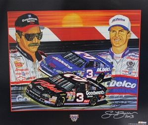 Dale Earnhardt 1998 & Dale Earnhardt Jr. "Rising Son" Autographed by Sam Bass Poster 22" X 26" Sam Bass Poster, Dale Earnhardt 1998 & Dale Earnhardt Jr. "Rising Son" Autographed by Sam Bass Poster 22" X 26"